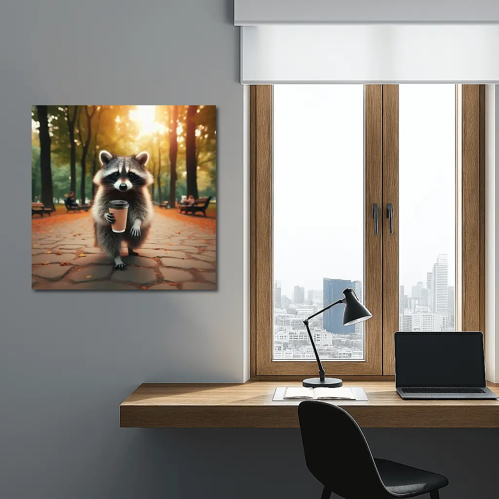 Raccoon With Coffee Cup In Autumn Park – Wall Art