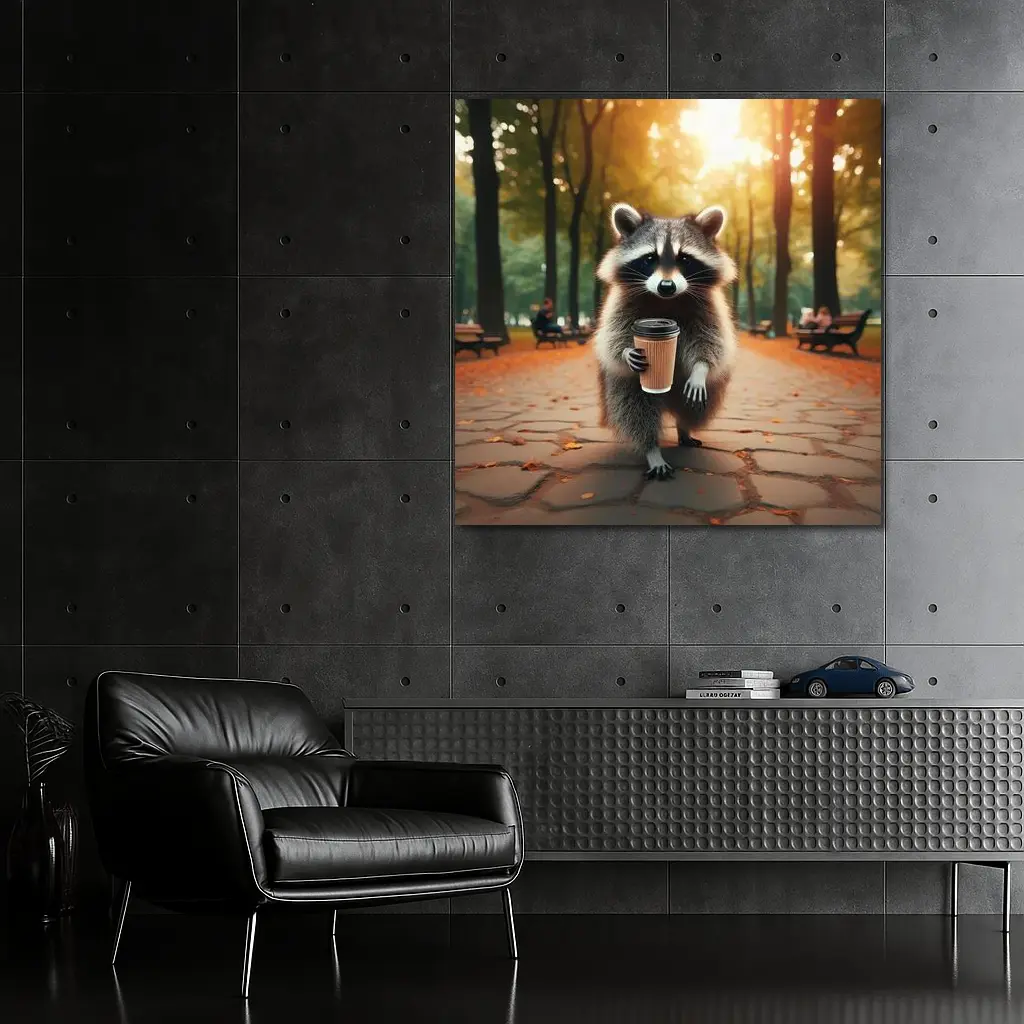Raccoon With Coffee Cup In Autumn Park – Wall Art