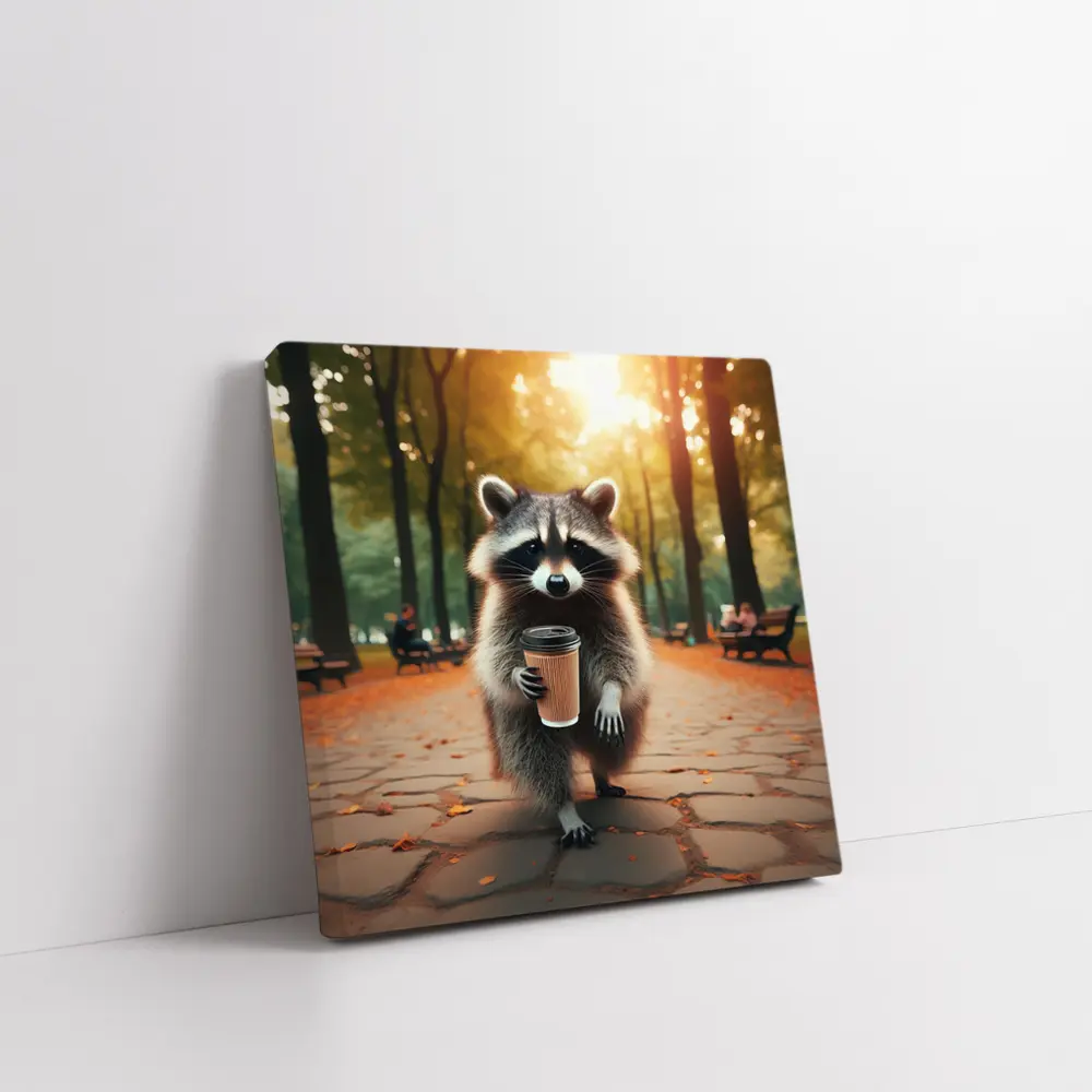 Raccoon With Coffee Cup In Autumn Park – Wall Art