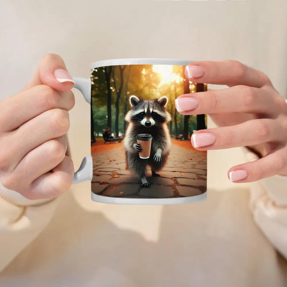 Raccoon With Coffee Cup In Autumn Park – Mugs