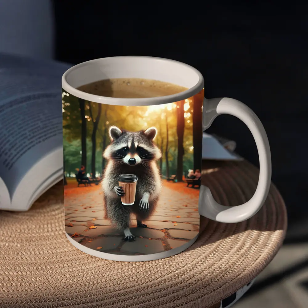 Raccoon With Coffee Cup In Autumn Park – Mugs
