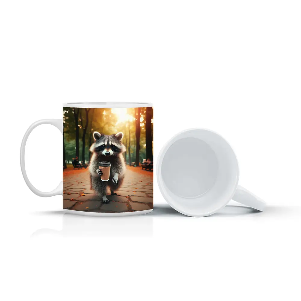 Raccoon With Coffee Cup In Autumn Park – Mugs