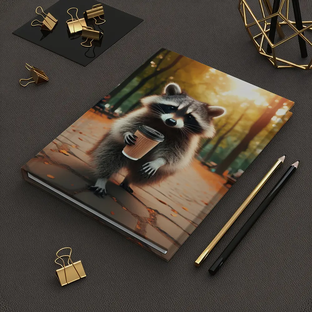 Raccoon With Coffee Cup In Autumn Park – Notebooks