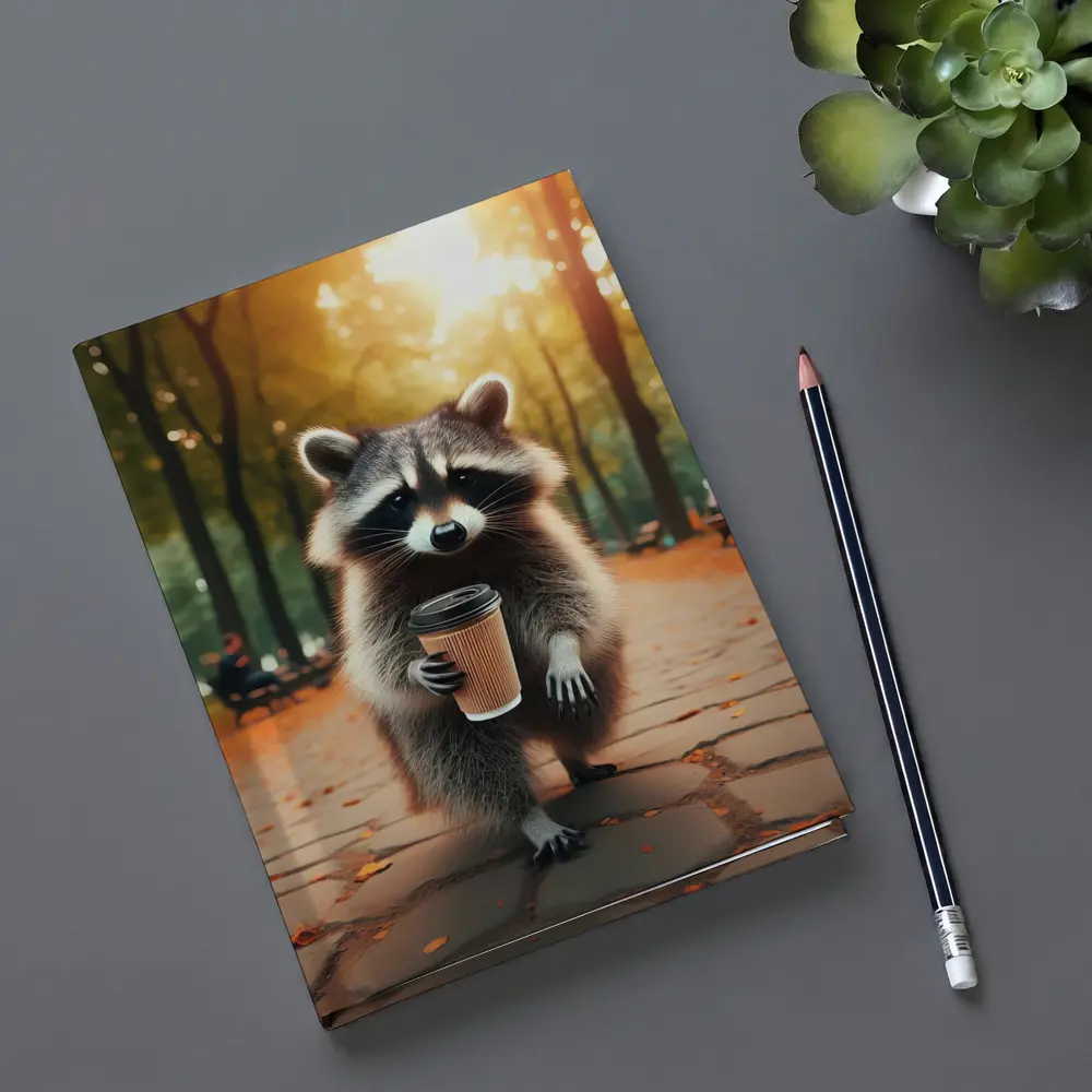 Raccoon With Coffee Cup In Autumn Park – Notebooks