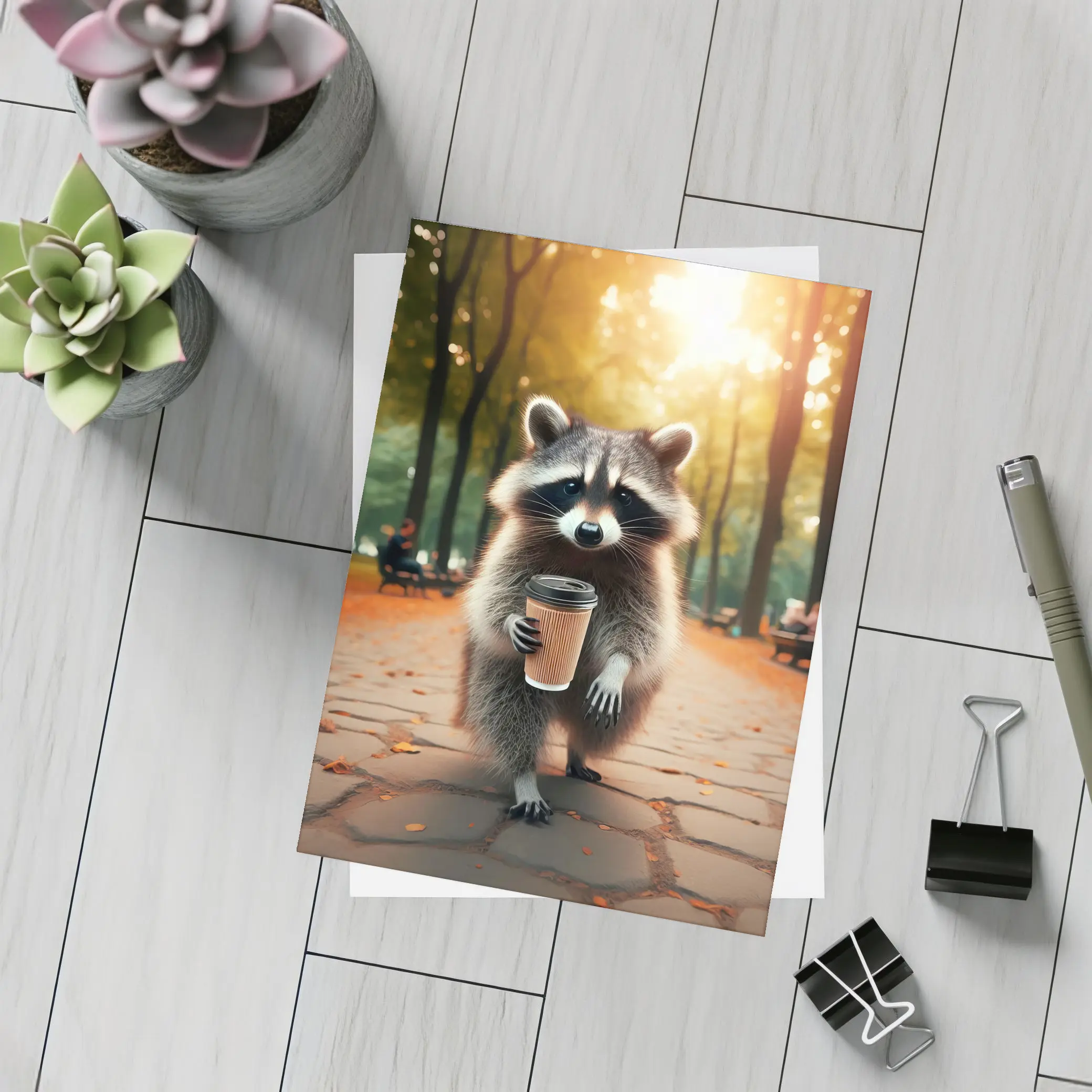 Raccoon With Coffee Cup In Autumn Park – Postcards