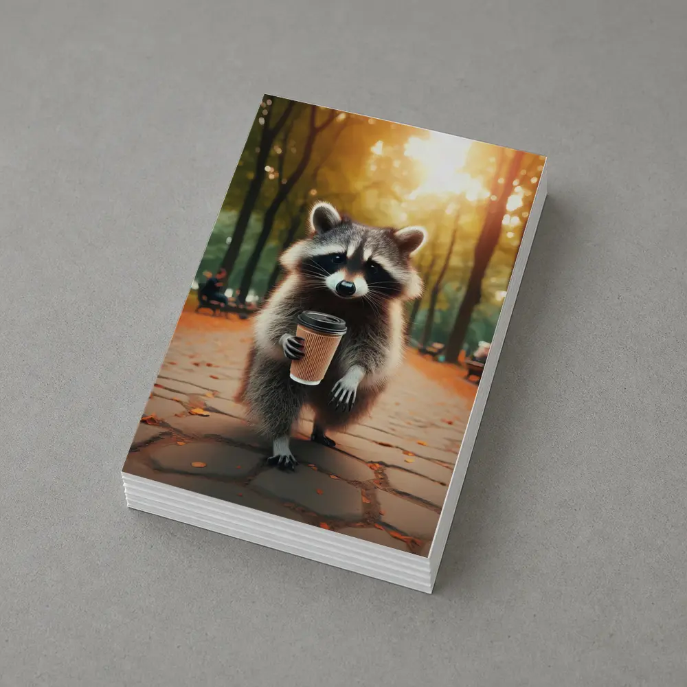 Raccoon With Coffee Cup In Autumn Park – Postcards