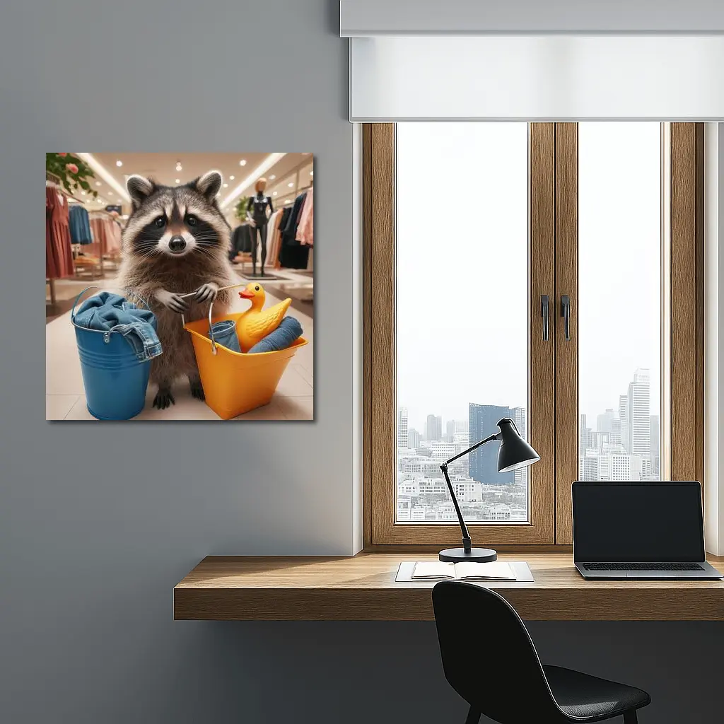 Raccoon Shopping With Buckets In Store – Wall Art