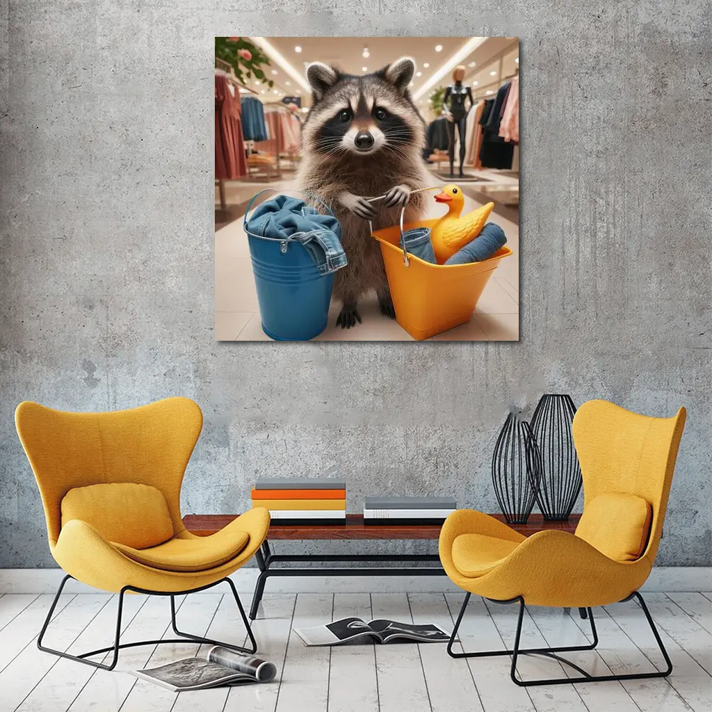 Raccoon Shopping With Buckets In Store – Wall Art