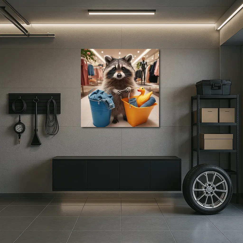 Raccoon Shopping With Buckets In Store – Wall Art