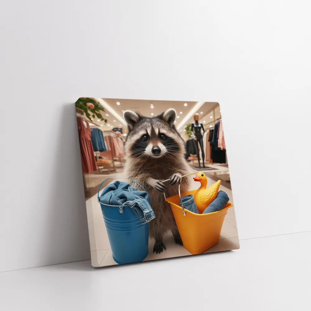 Raccoon Shopping With Buckets In Store – Wall Art