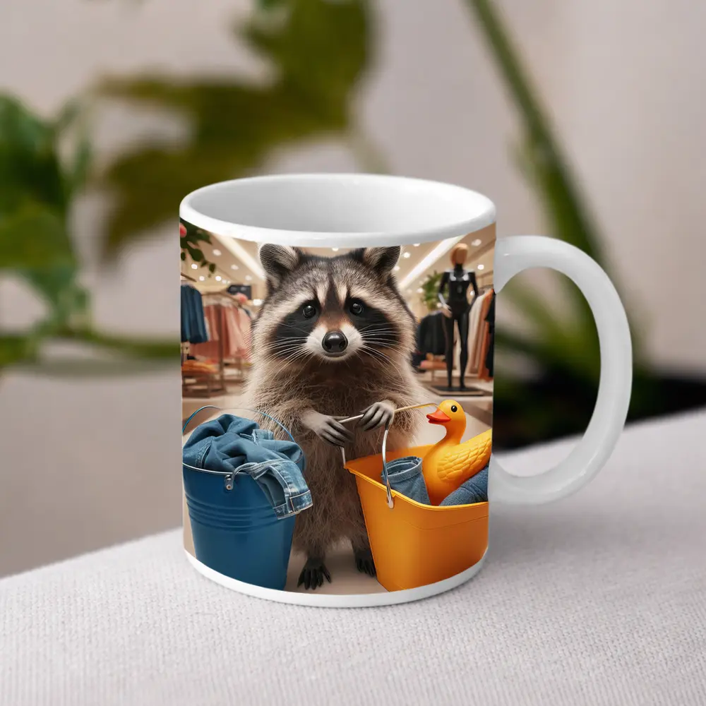 Raccoon Shopping With Buckets In Store – Mugs