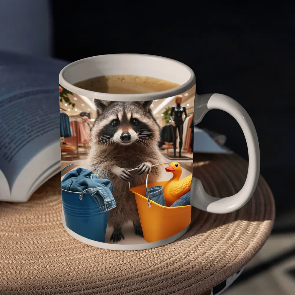 Raccoon Shopping With Buckets In Store – Mugs
