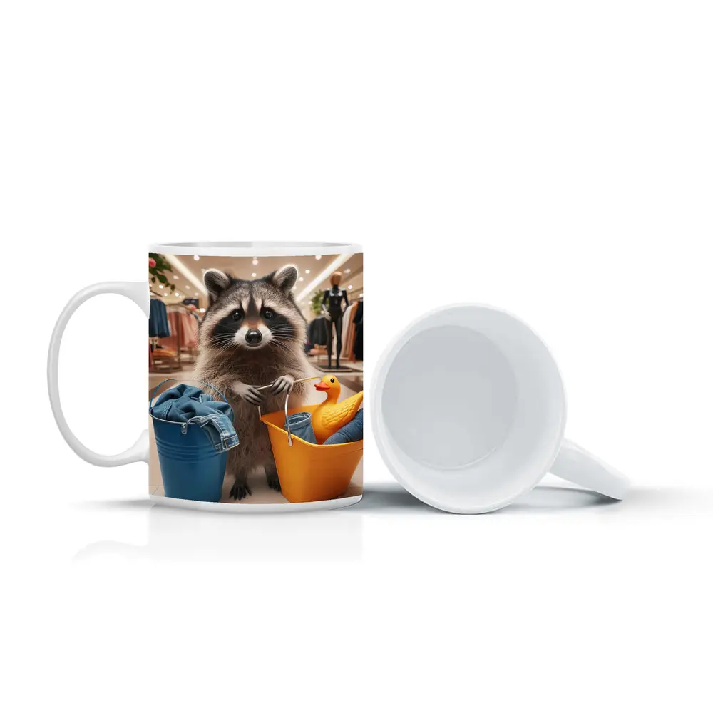 Raccoon Shopping With Buckets In Store – Mugs