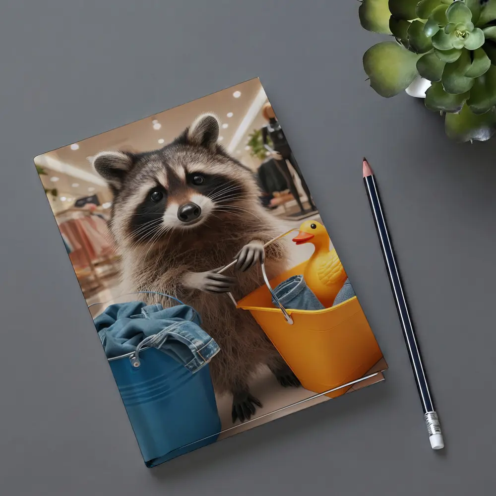 Raccoon Shopping With Buckets In Store – Notebooks