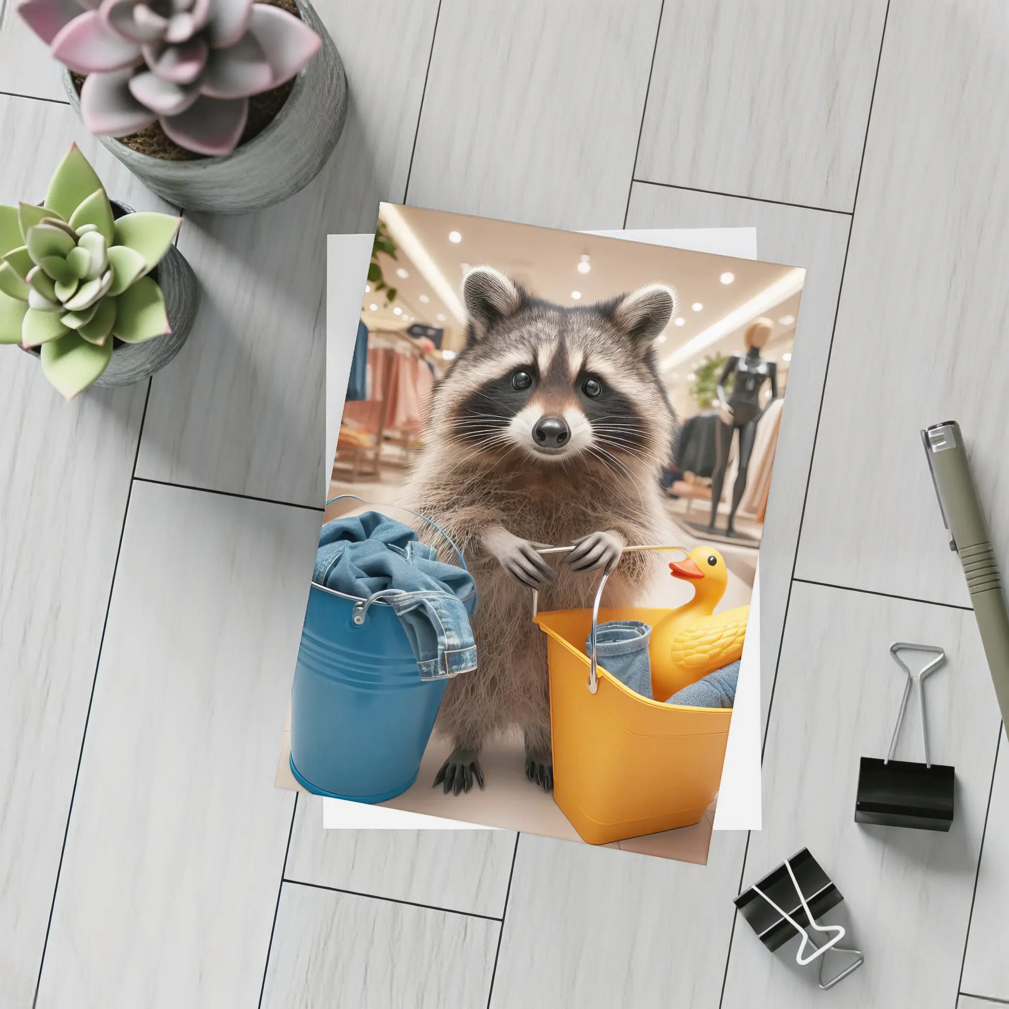 Raccoon Shopping With Buckets In Store – Postcards