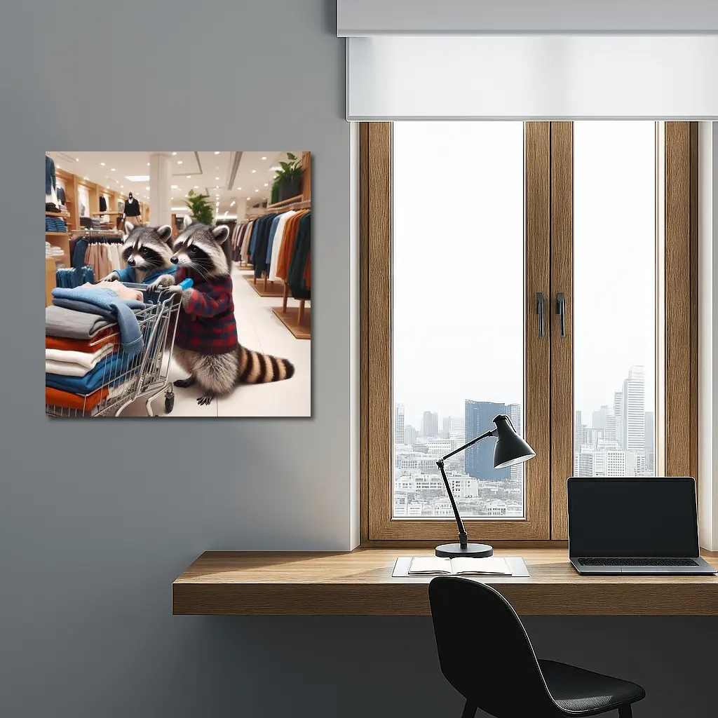 Raccoons Shopping In Clothing Store – Wall Art