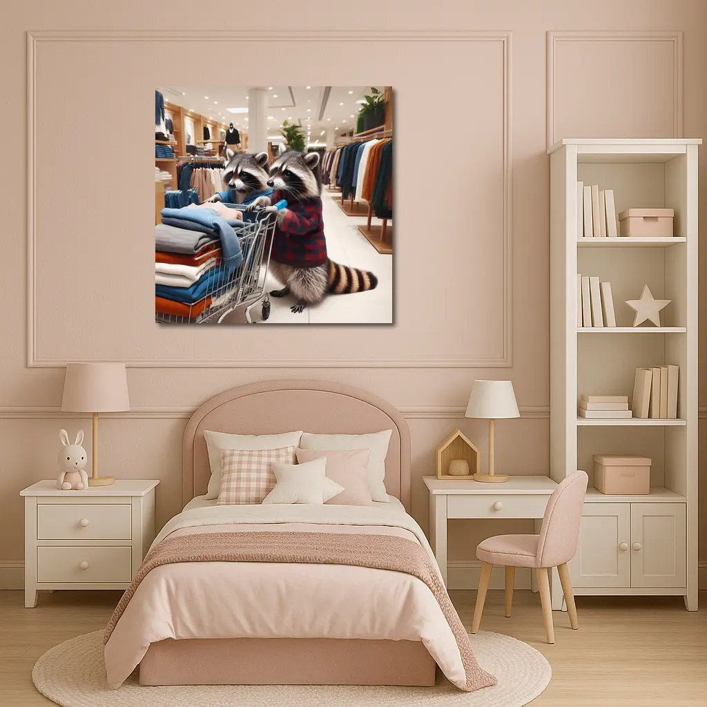 Raccoons Shopping In Clothing Store – Wall Art
