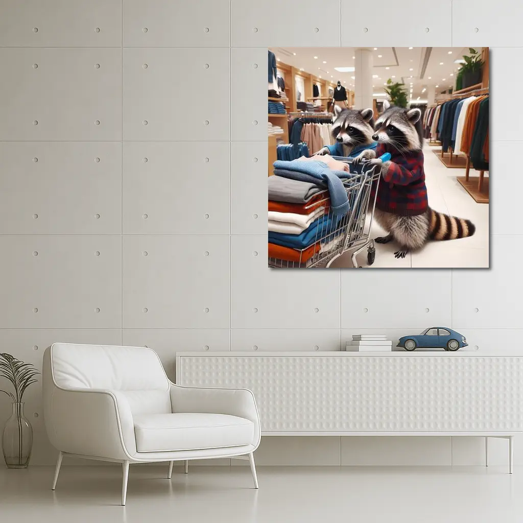 Raccoons Shopping In Clothing Store – Wall Art