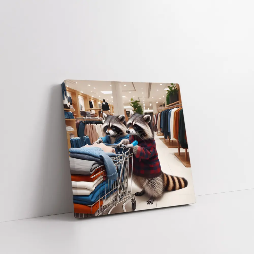 Raccoons Shopping In Clothing Store – Wall Art