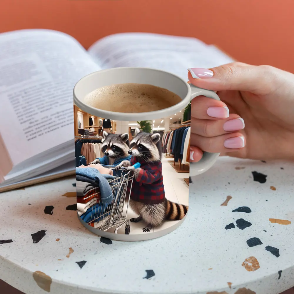 Raccoons Shopping In Clothing Store – Mugs
