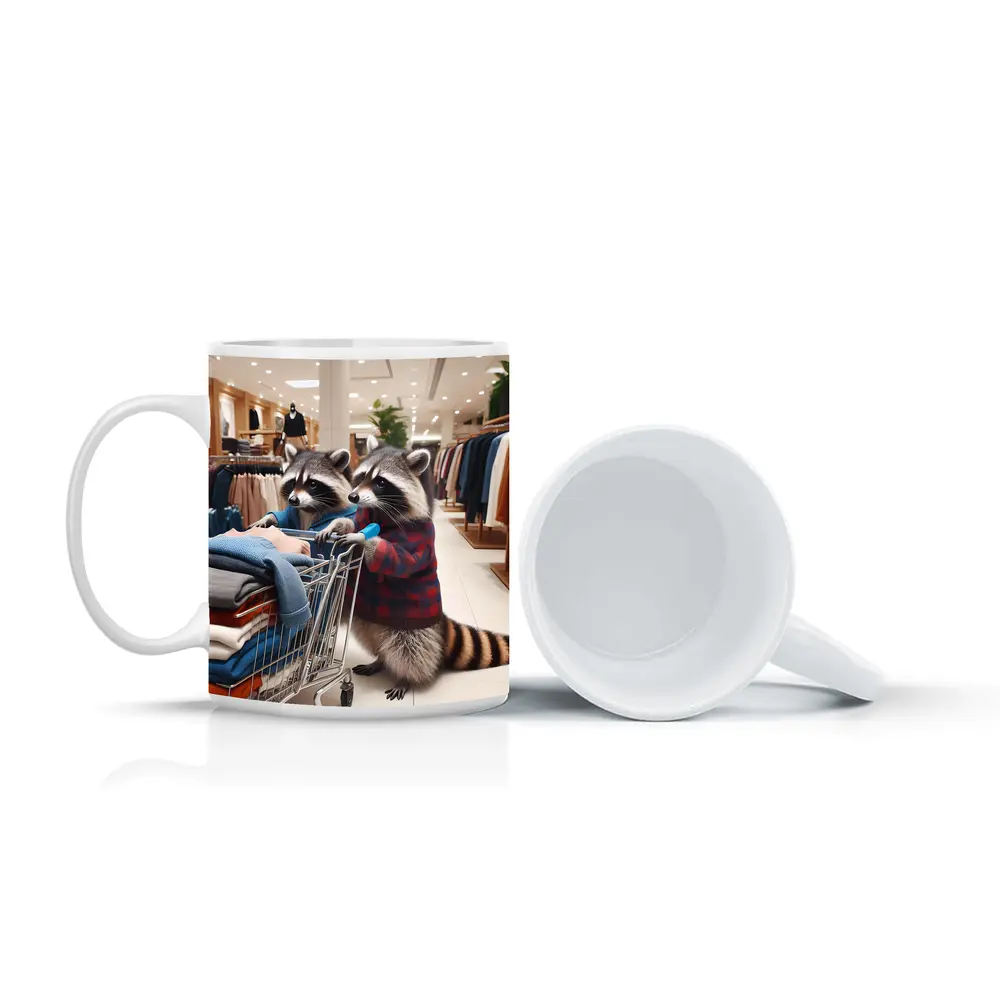 Raccoons Shopping In Clothing Store – Mugs