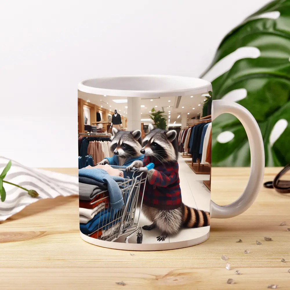 Raccoons Shopping In Clothing Store – Mugs