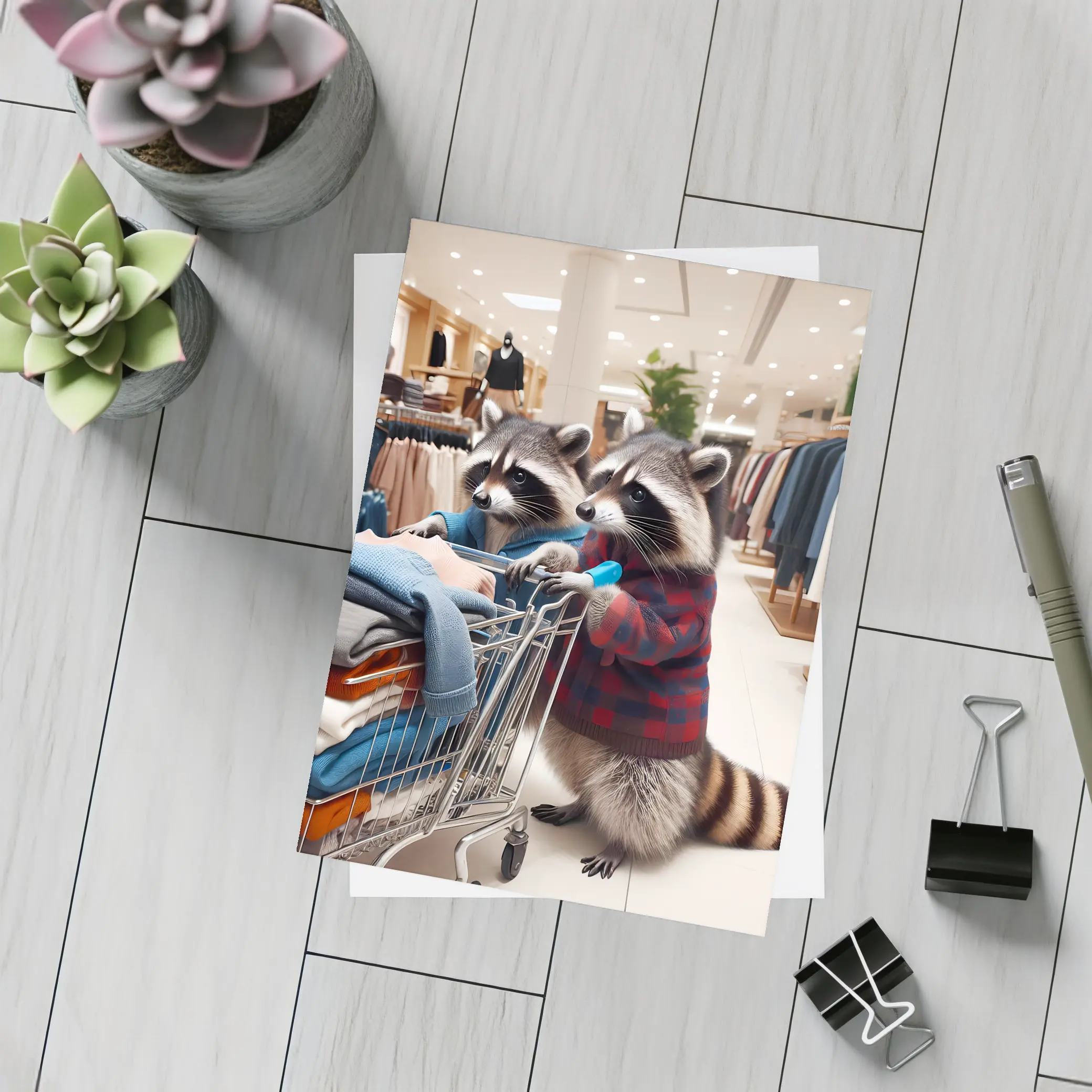 Raccoons Shopping In Clothing Store – Postcards