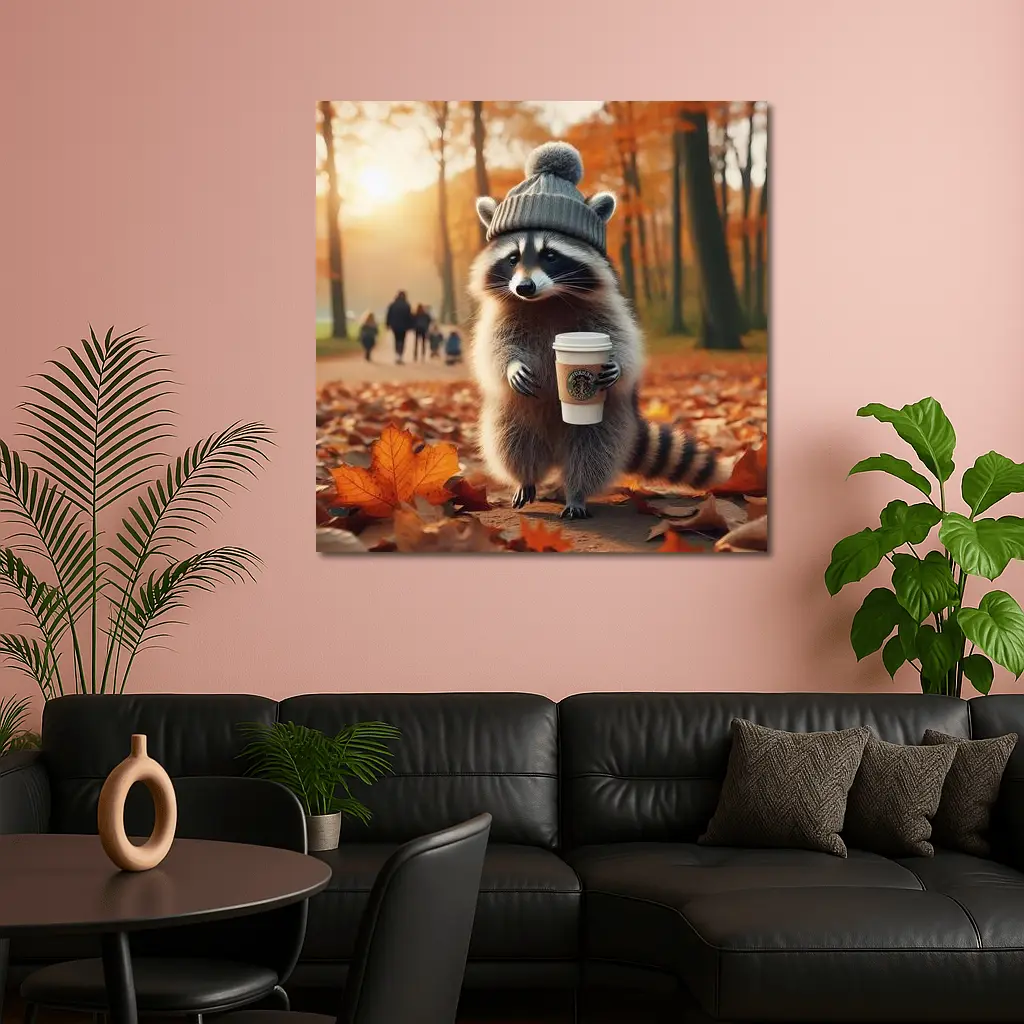 Raccoon With Coffee Autumn Park Scene – Wall Art