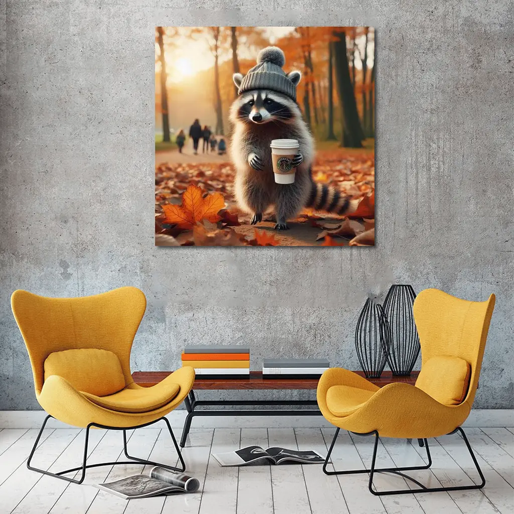 Raccoon With Coffee Autumn Park Scene – Wall Art