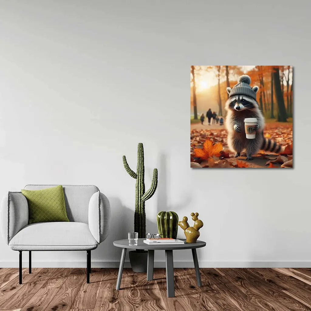 Raccoon With Coffee Autumn Park Scene – Wall Art