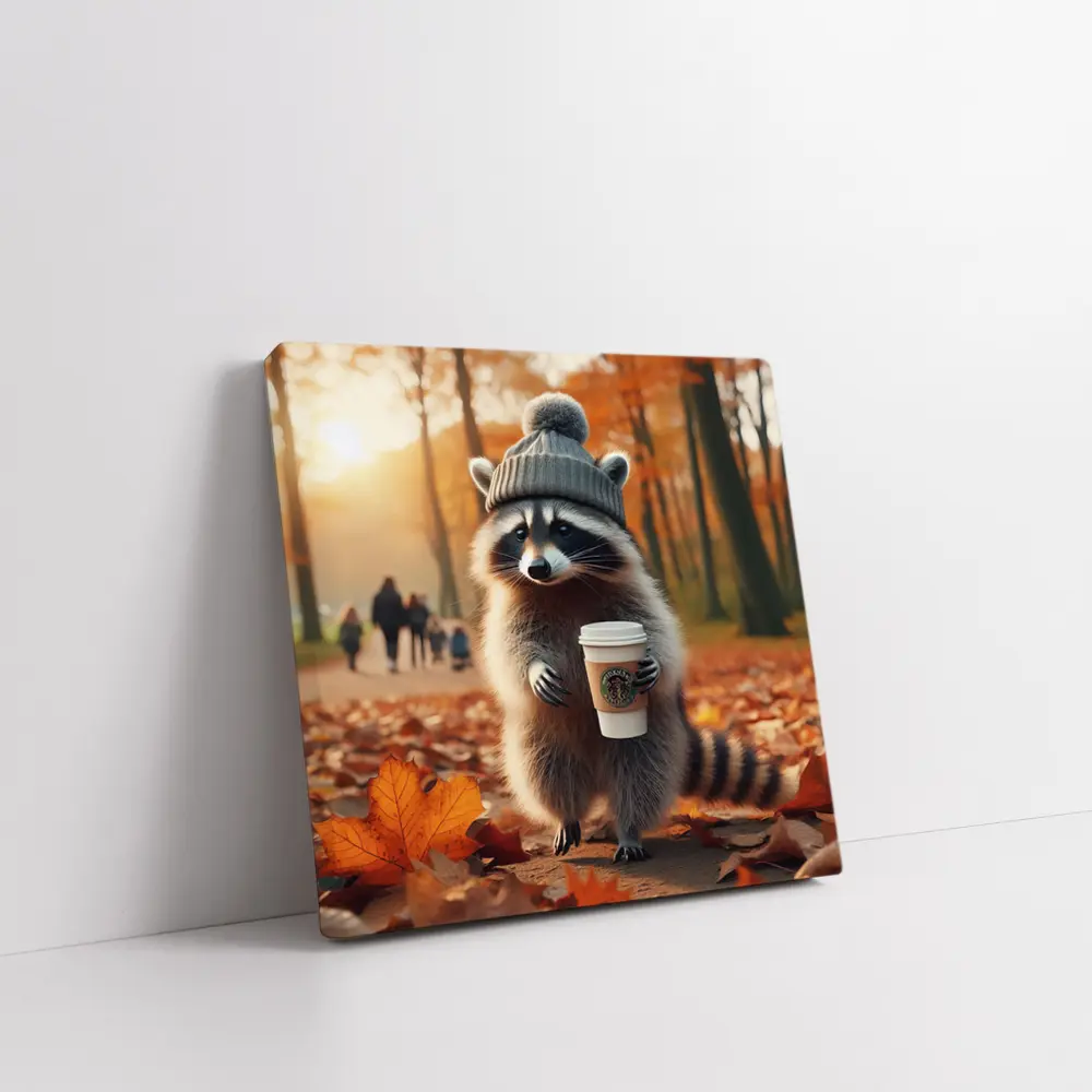 Raccoon With Coffee Autumn Park Scene – Wall Art