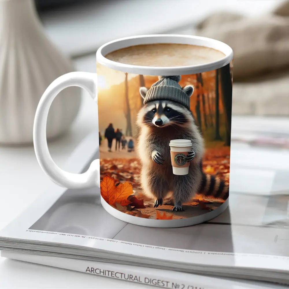 Raccoon With Coffee Autumn Park Scene – Mugs