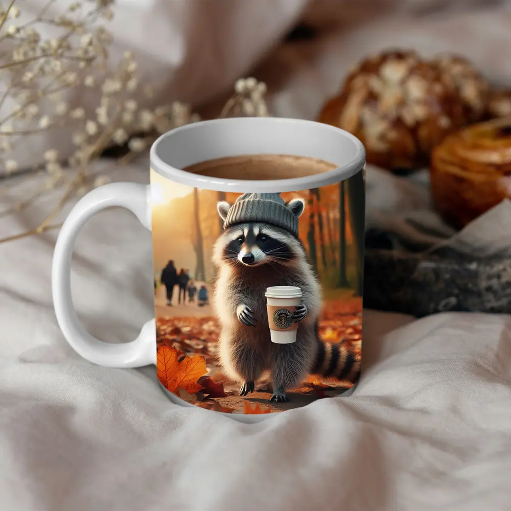 Raccoon With Coffee Autumn Park Scene – Mugs