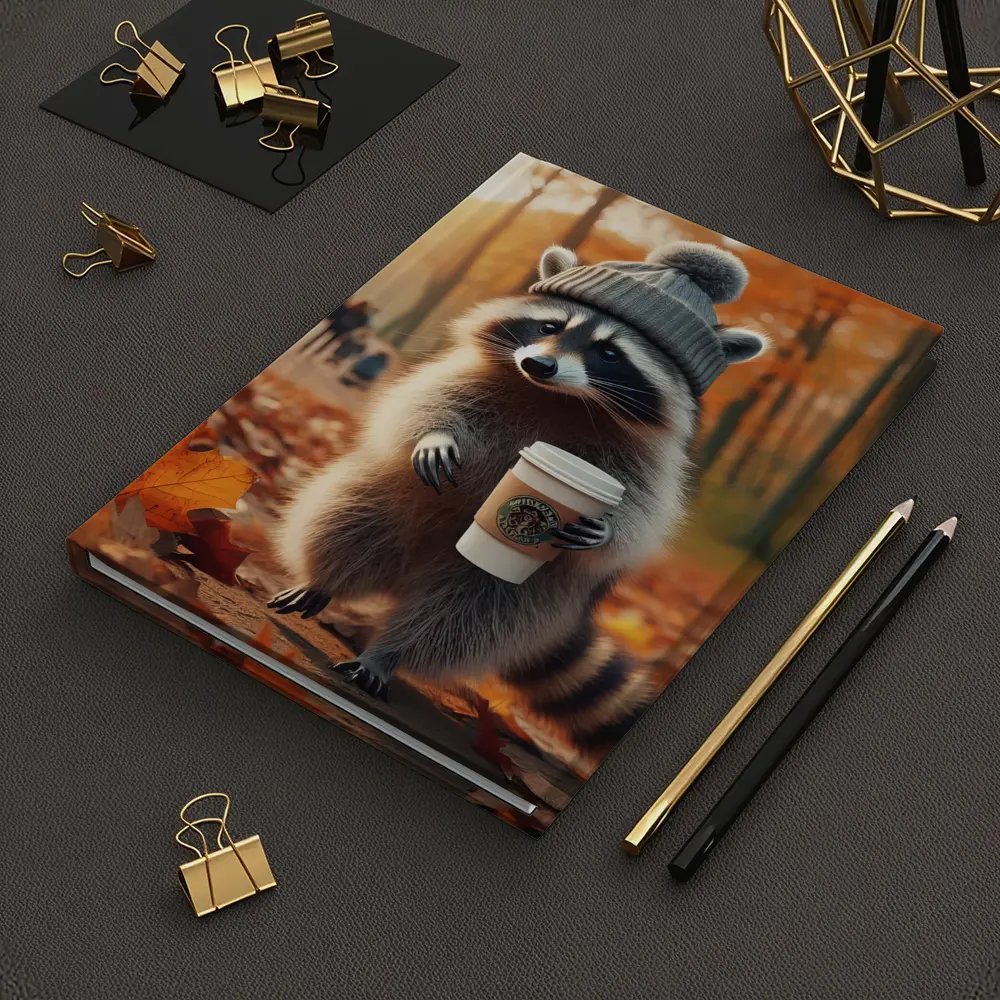 Raccoon With Coffee Autumn Park Scene – Notebooks