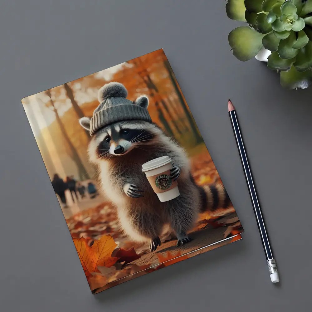 Raccoon With Coffee Autumn Park Scene – Notebooks