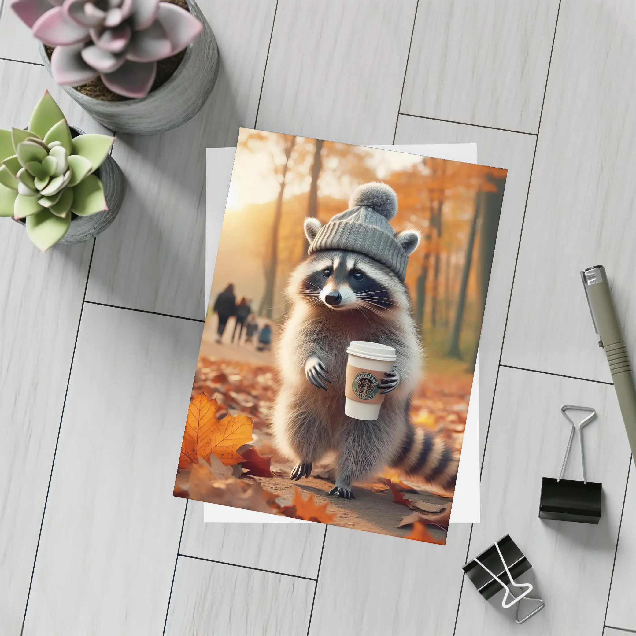 Raccoon With Coffee Autumn Park Scene – Postcards