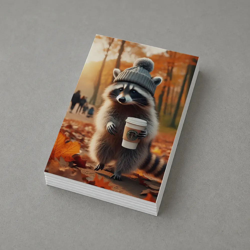 Raccoon With Coffee Autumn Park Scene – Postcards
