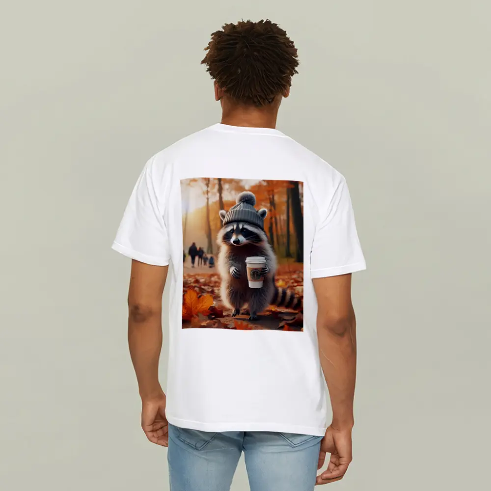 Raccoon With Coffee Autumn Park Scene – T-Shirts