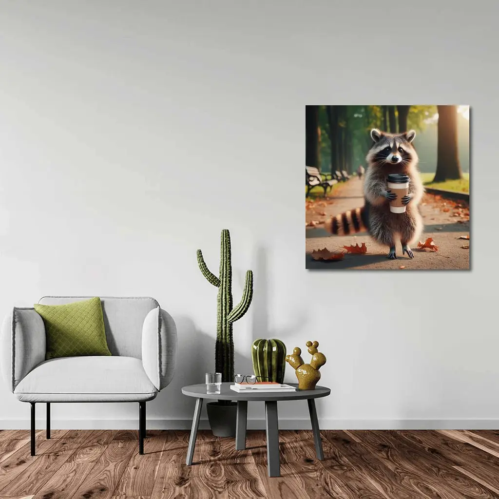 Raccoon Holding Coffee Cup Autumn Park – Wall Art