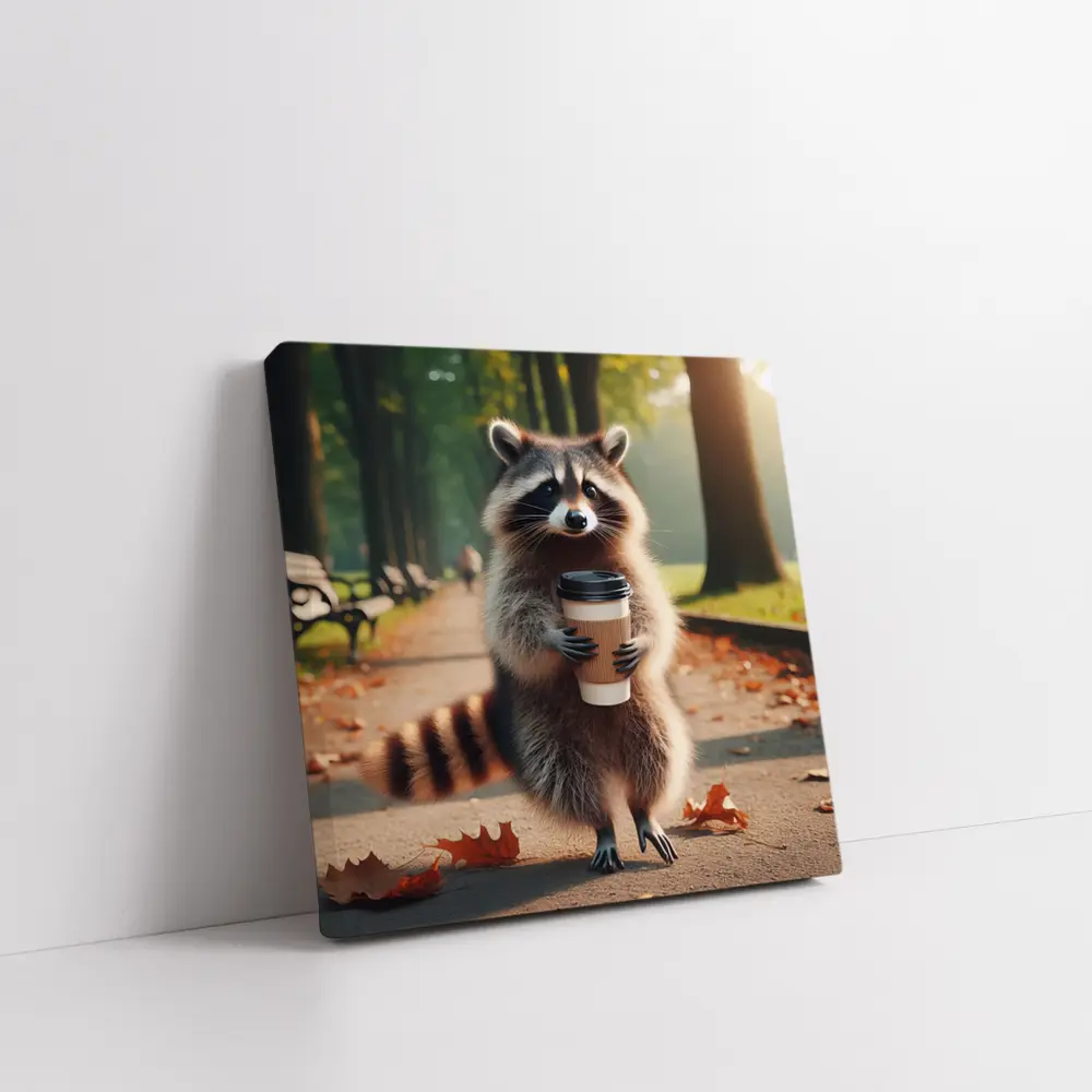 Raccoon Holding Coffee Cup Autumn Park – Wall Art