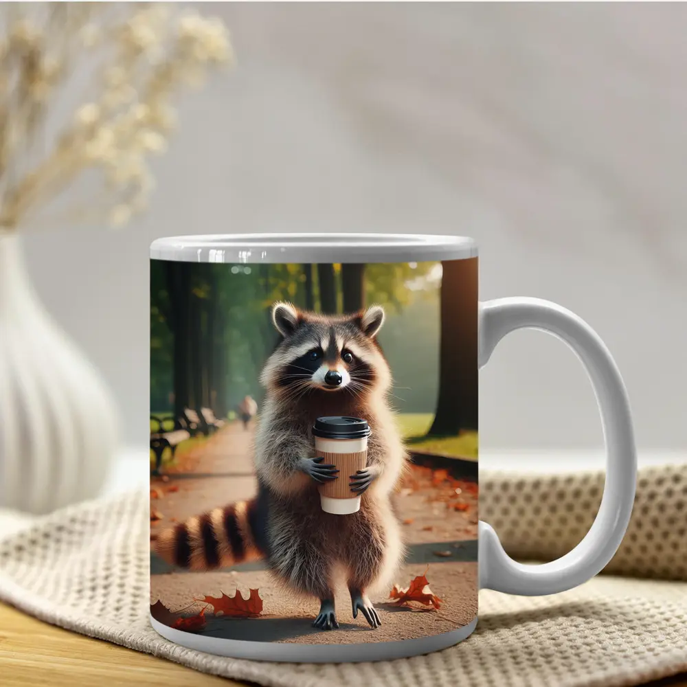 Raccoon Holding Coffee Cup Autumn Park – Mugs