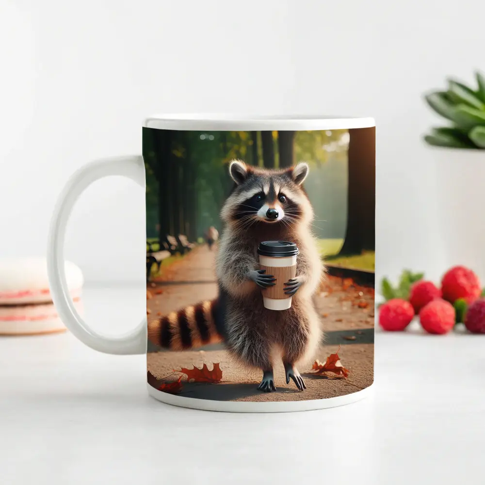 Raccoon Holding Coffee Cup Autumn Park – Mugs