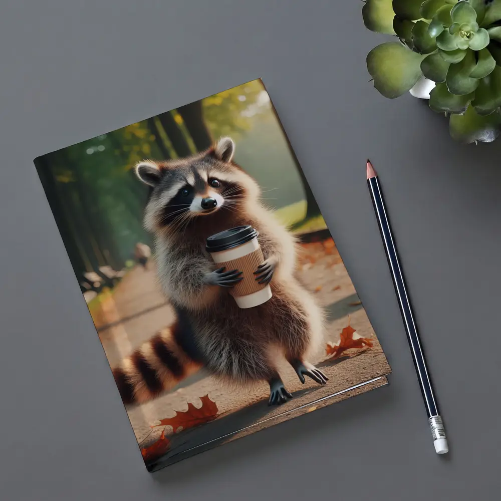 Raccoon Holding Coffee Cup Autumn Park – Notebooks