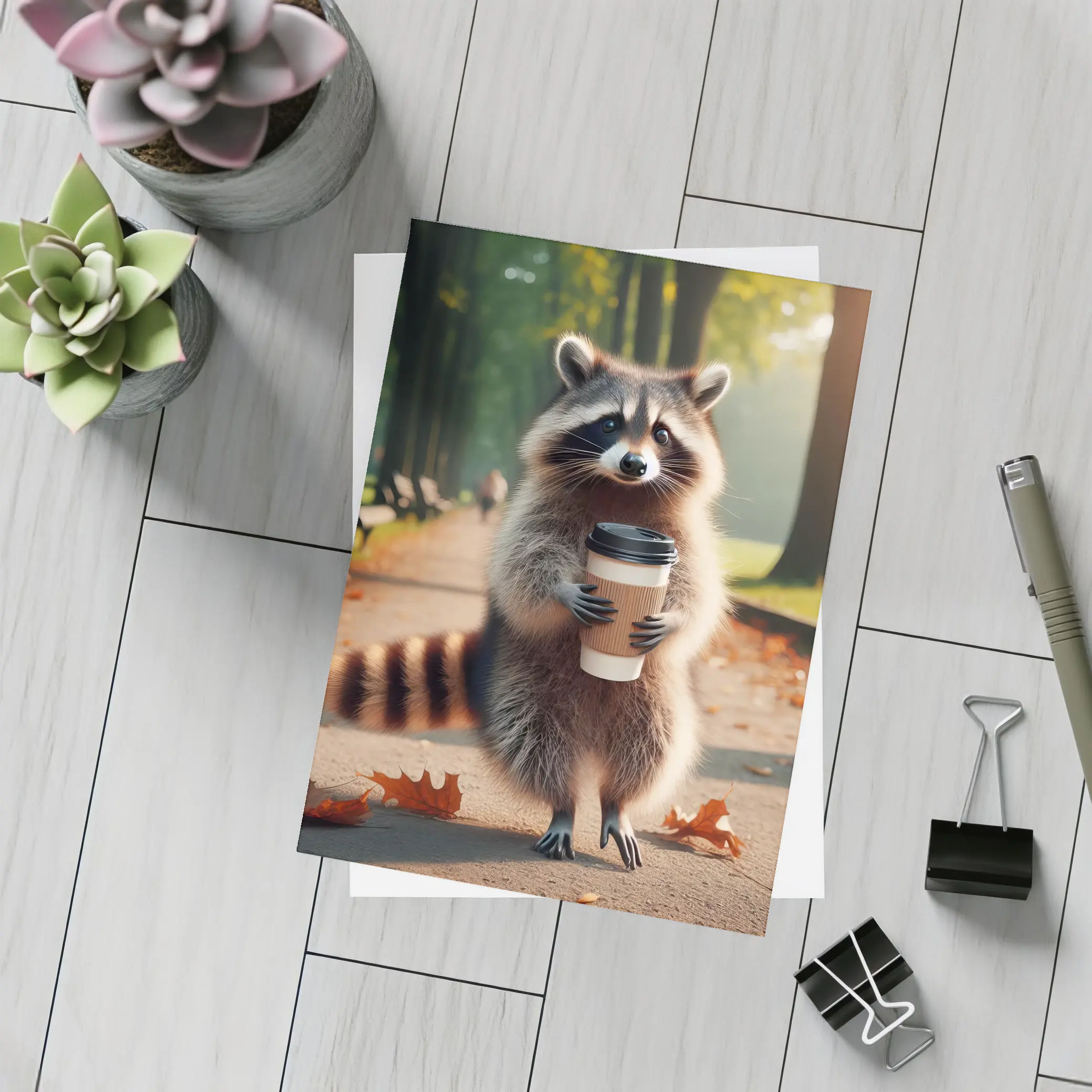 Raccoon Holding Coffee Cup Autumn Park – Postcards