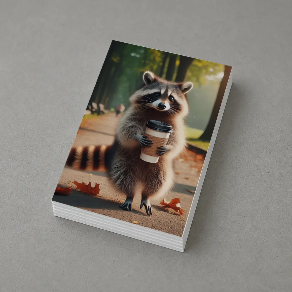 Raccoon Holding Coffee Cup Autumn Park – Postcards
