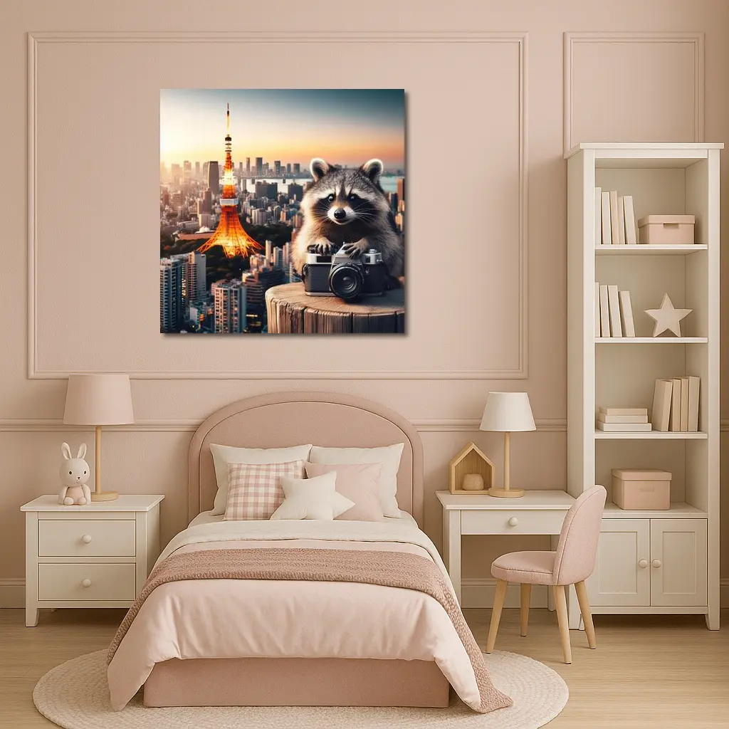 Raccoon Photographer Tokyo Tower Skyline Sunset – Wall Art