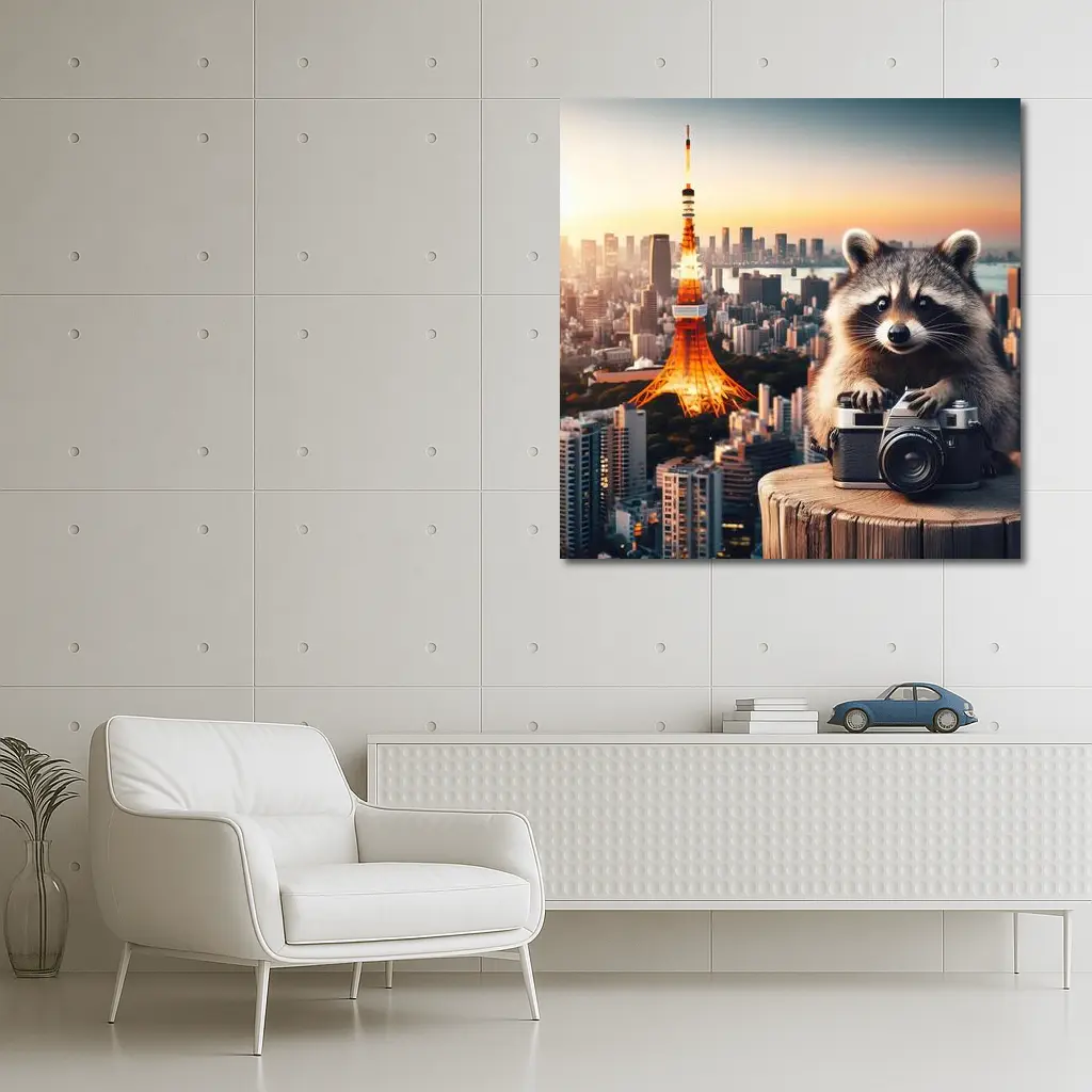 Raccoon Photographer Tokyo Tower Skyline Sunset – Wall Art