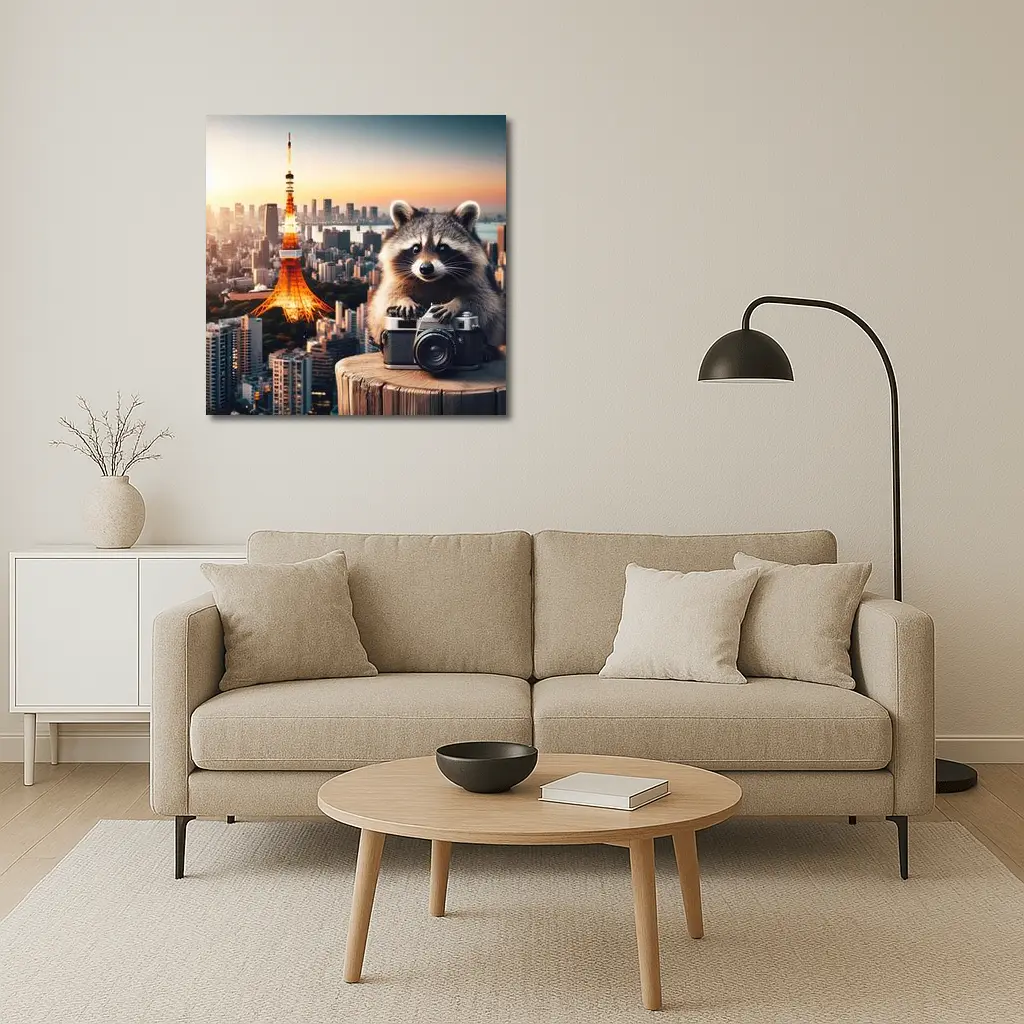 Raccoon Photographer Tokyo Tower Skyline Sunset – Wall Art