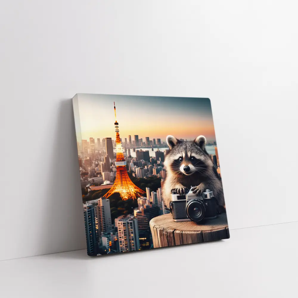 Raccoon Photographer Tokyo Tower Skyline Sunset – Wall Art
