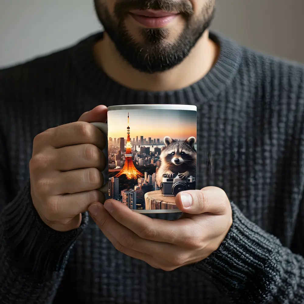 Raccoon Photographer Tokyo Tower Skyline Sunset – Mugs